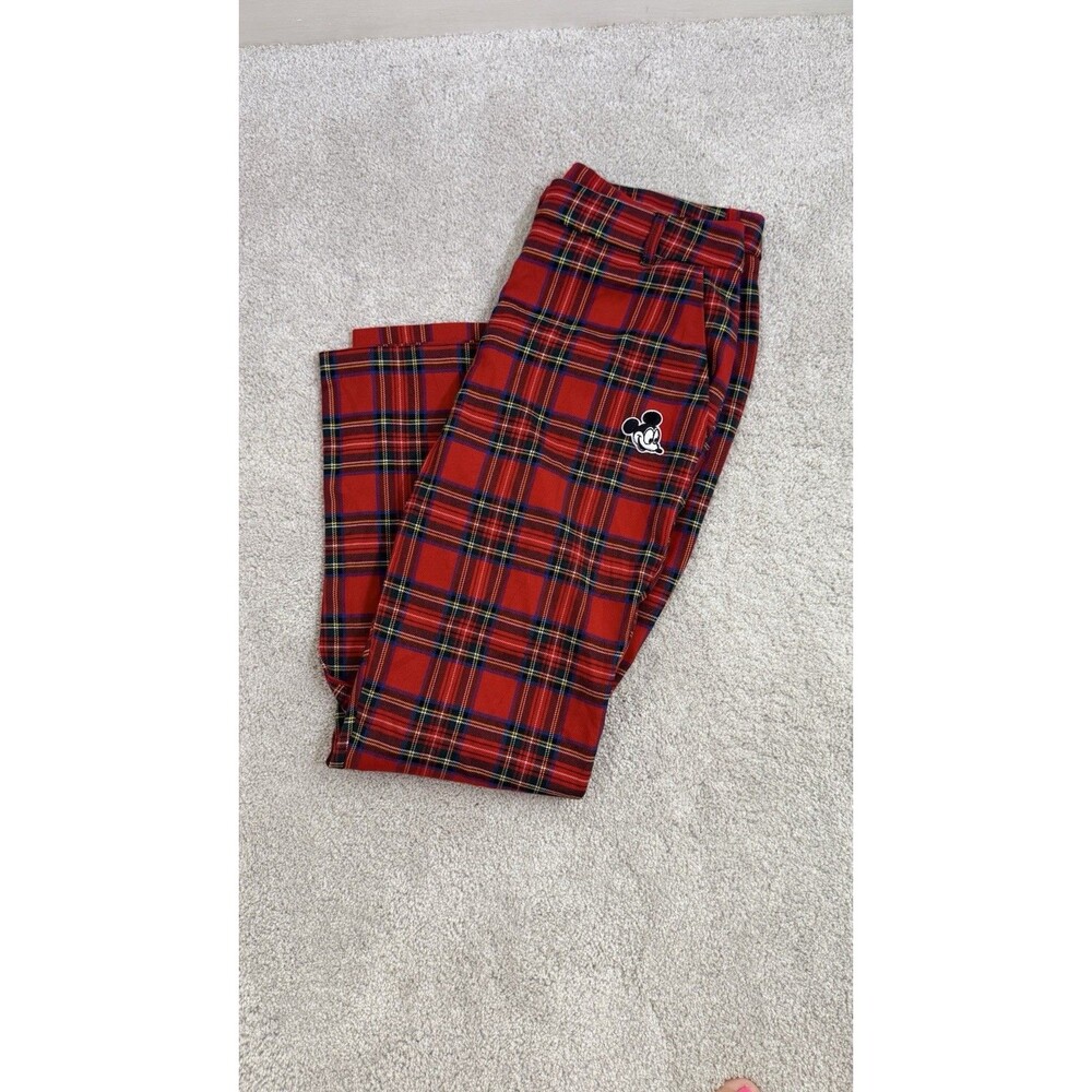 Disney Mickey Mouse Red Plaid Pants Straight Leg Pockets Embroidered S